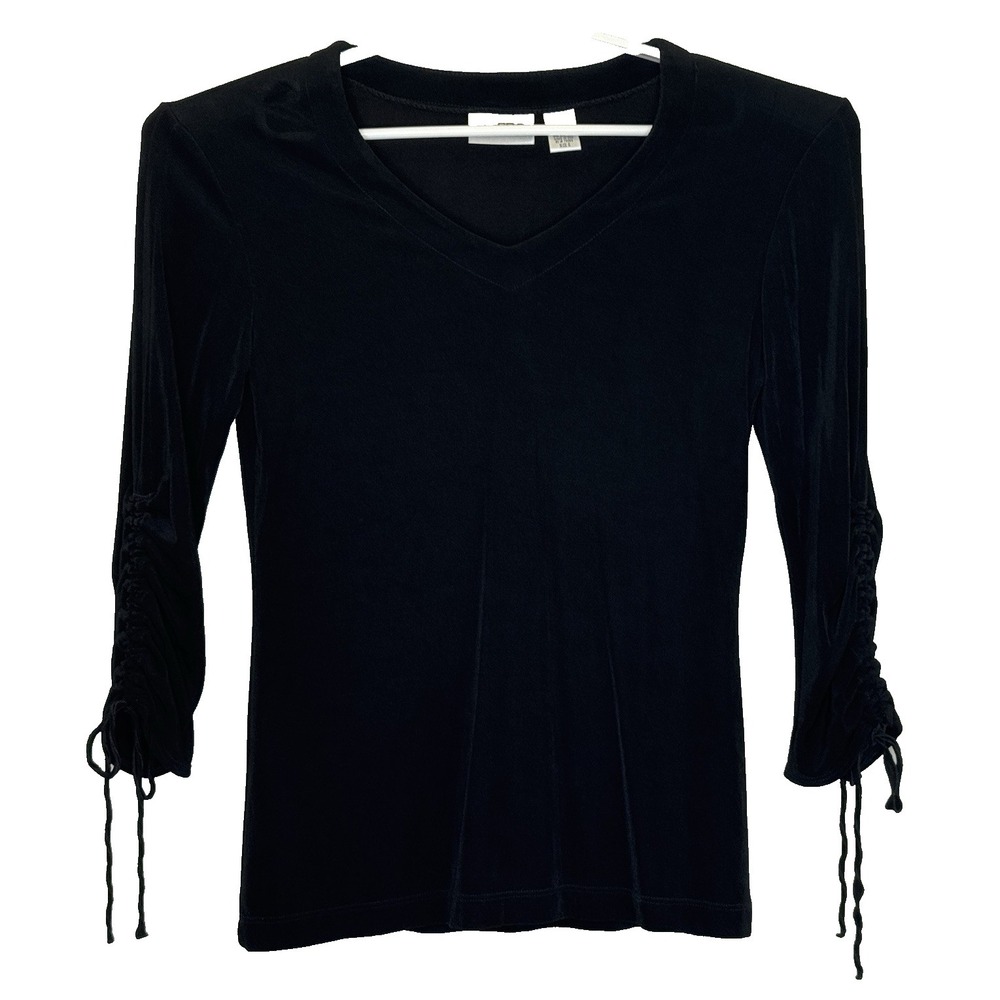 Chico's Travelers Top Womens Size 0 Black V-Neck Adjustable Tie Sleeve Stretch
